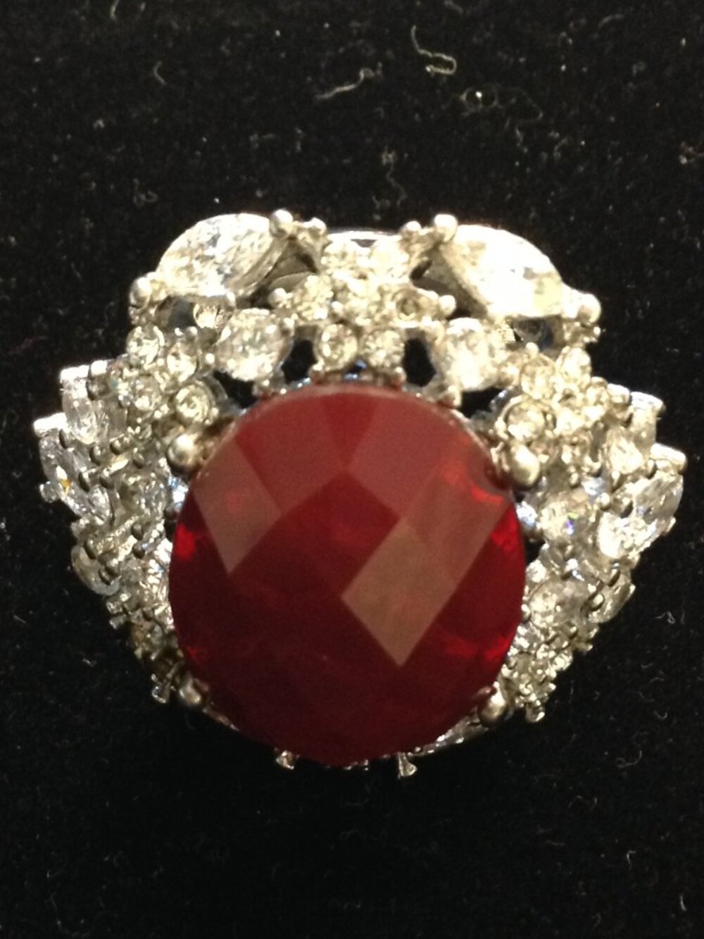 NWOT Bomb Party Rhinestone and Garnet Large Cocktail/Statement Ring "8" Filigree
